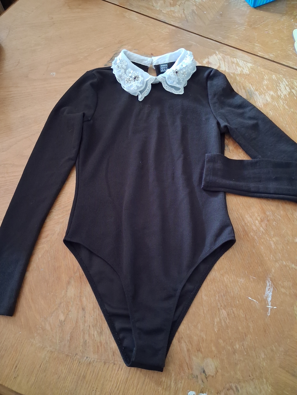 SHEIN Black Long Sleeve Bodysuit with White Beaded Peter Pan Collar